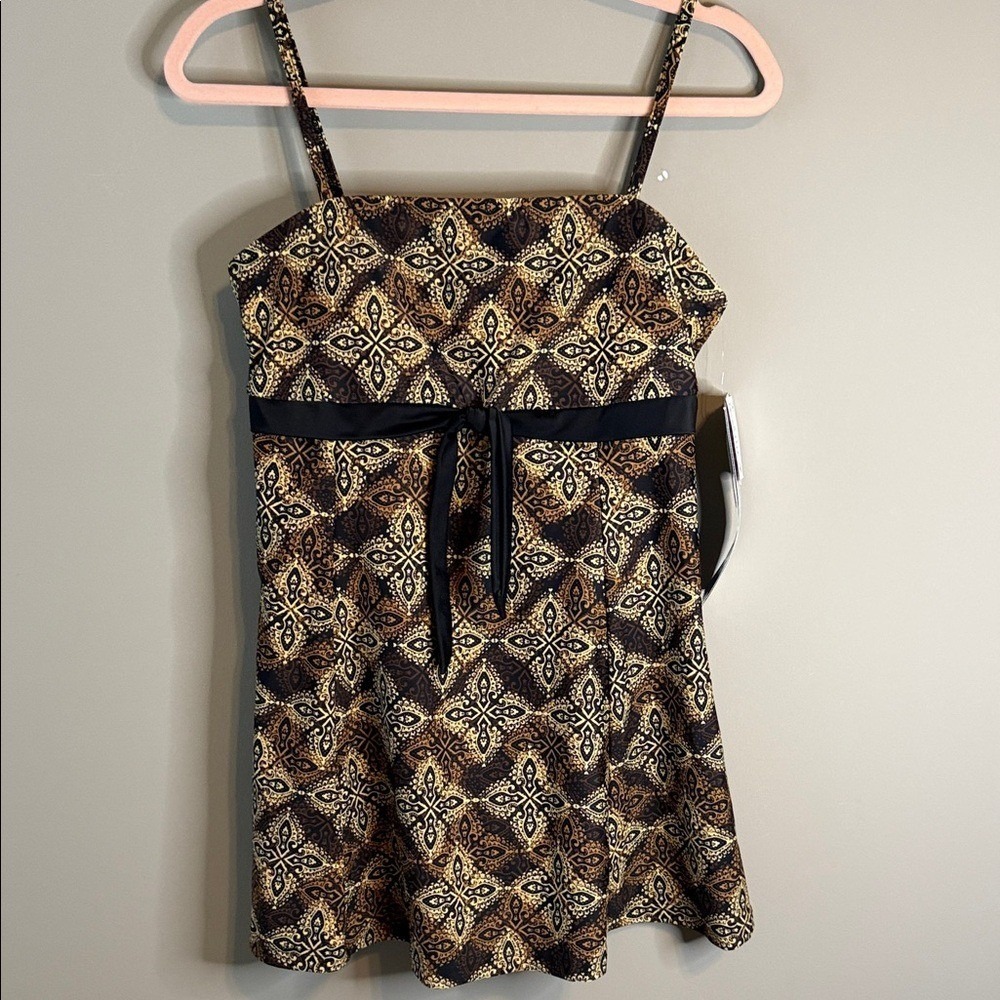 NWT A Shore Fit Brown Black Patterned with Bow Swim Dress 12 - Picture 2 of 10